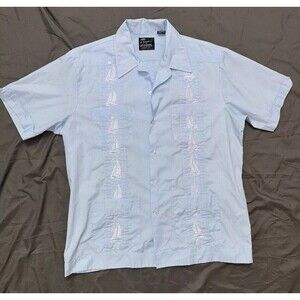 Vtg HABAND of Peterson GUAYABERA Blue Embroidered SAIL BOATS FRONT Shirt L 80s
